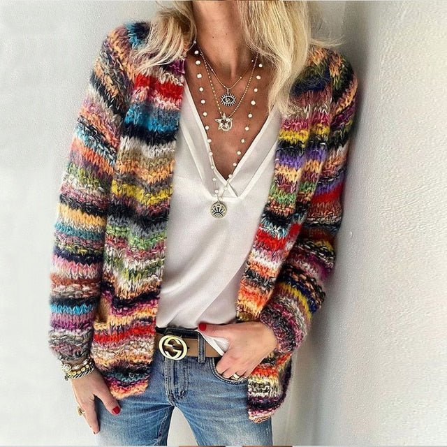 Women's Multicolor Striped Cardigan Open Front Long Sleeve Knit Casual