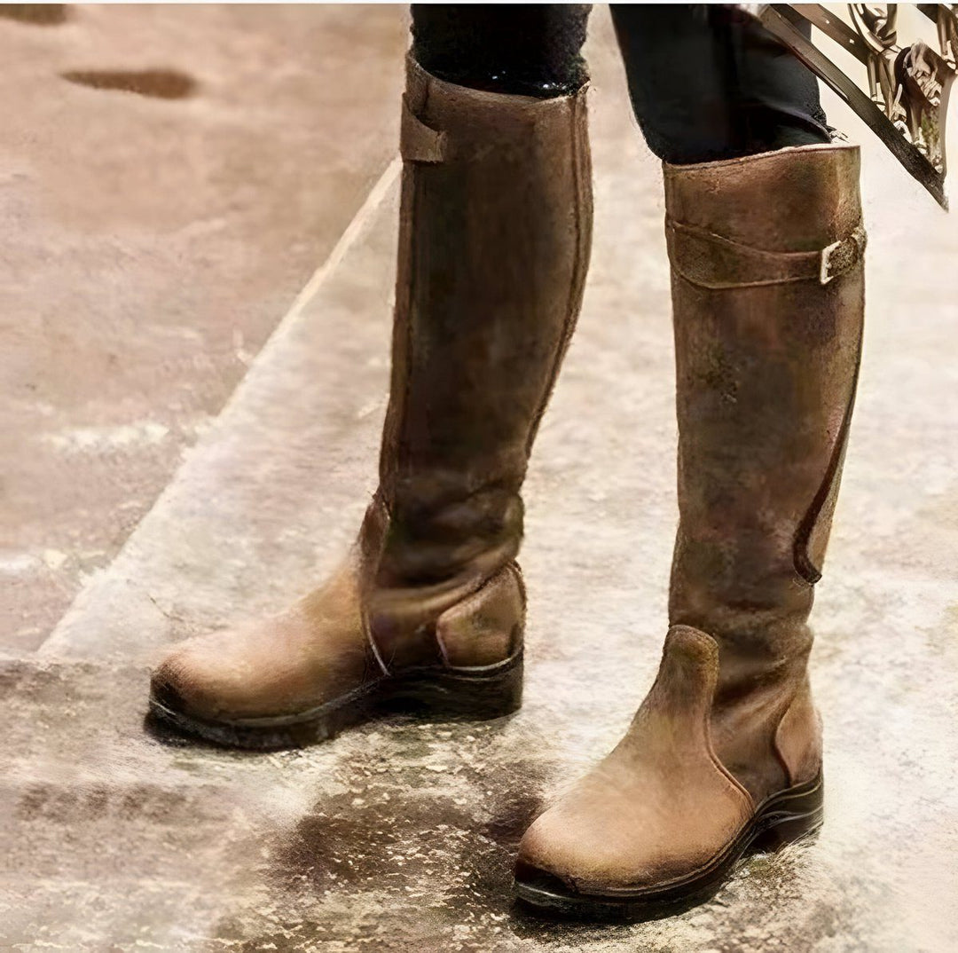 Cataleya | Leather Knee High Riding Boots with Buckle Strap for Women