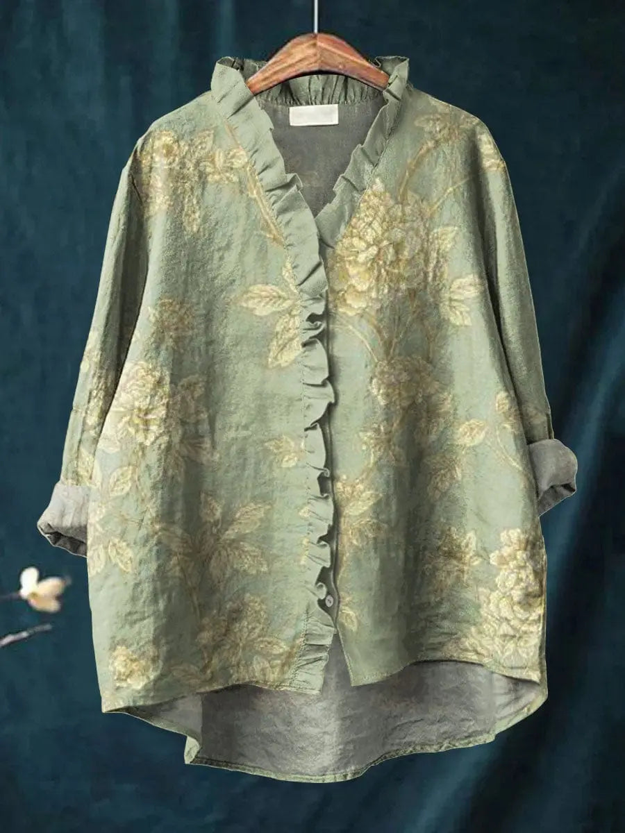 Posy | Floral Linen Ruffle Button-Down Blouse for Women