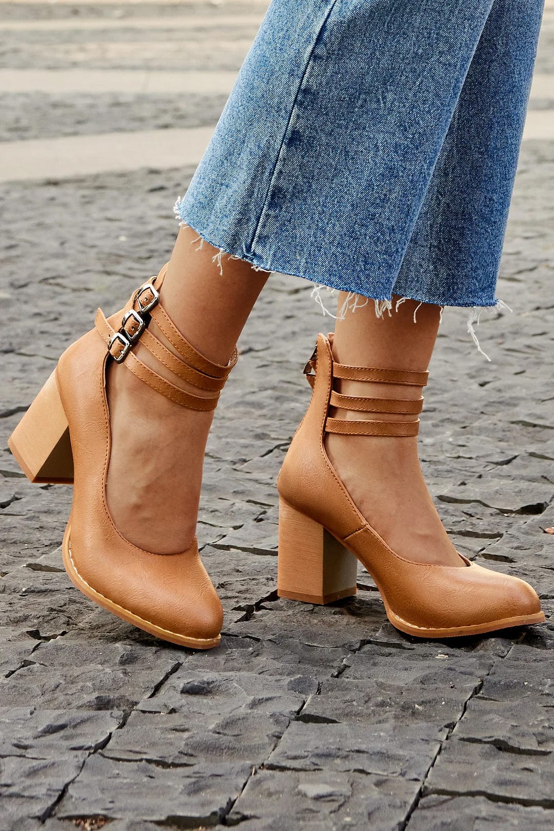 Women's Triple Buckle Block Heel Ankle Boots - Casual Footwear