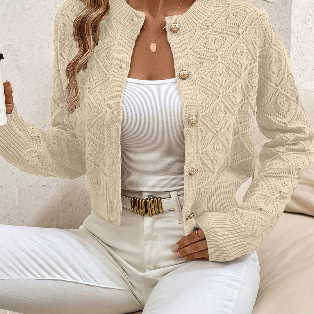 Women's Cropped Cardigan Long Sleeve Button-Front Textured Pointelle Knit Casual