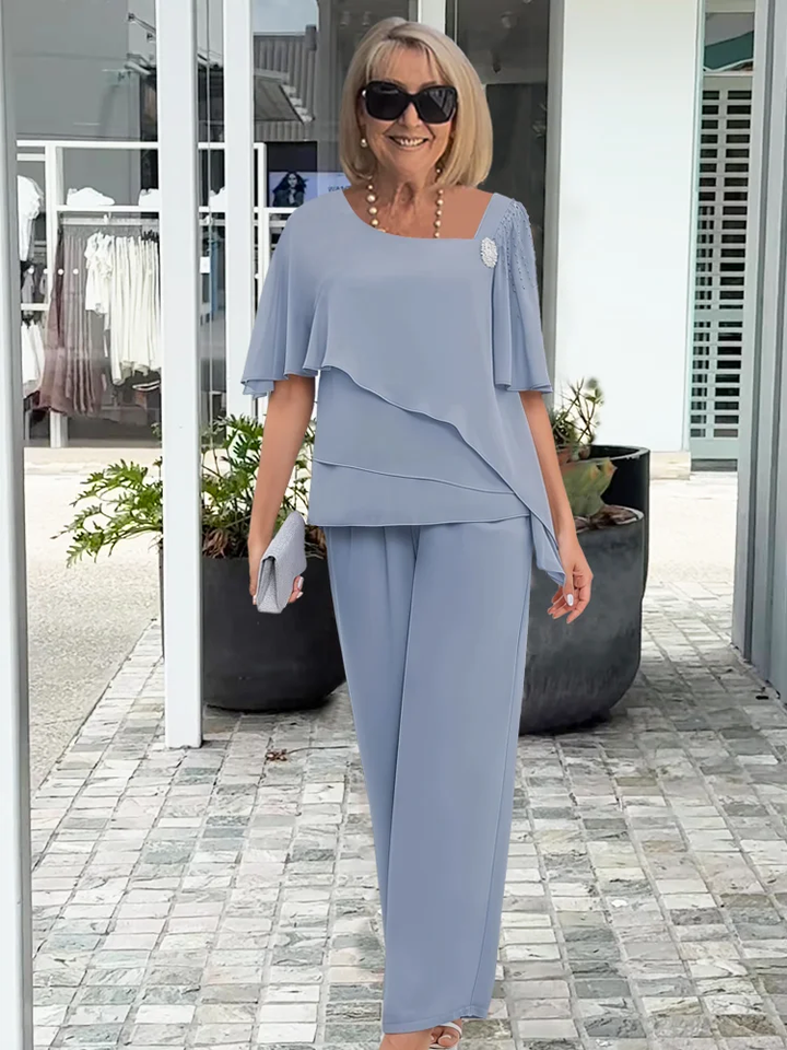 Arabel | Cropped Pant Set with Ruffled Short Sleeves for Women