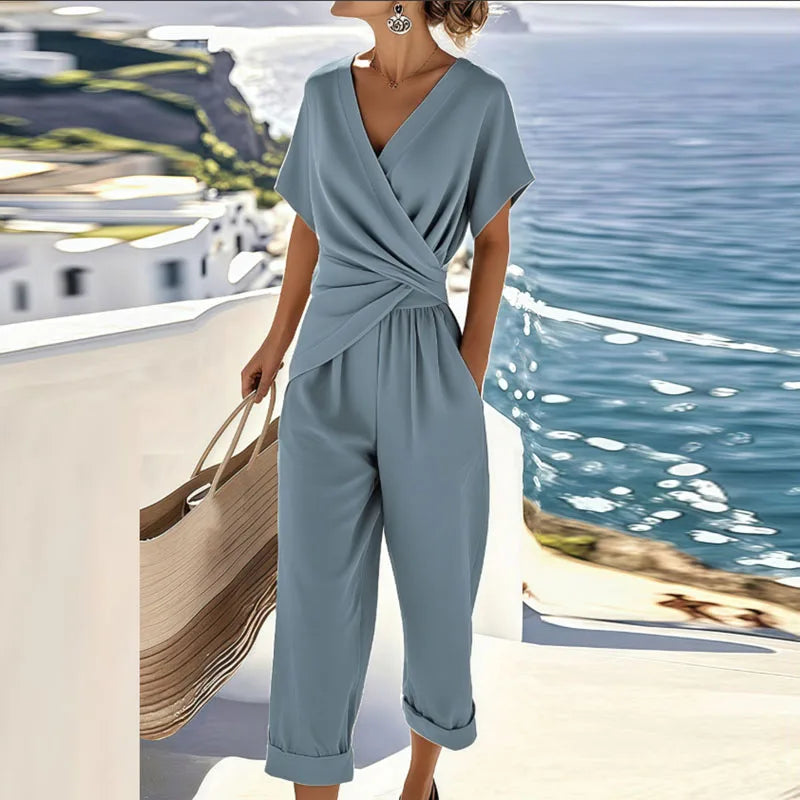 Wrap Jumpsuit Set with V-Neck and Short Sleeves for Women