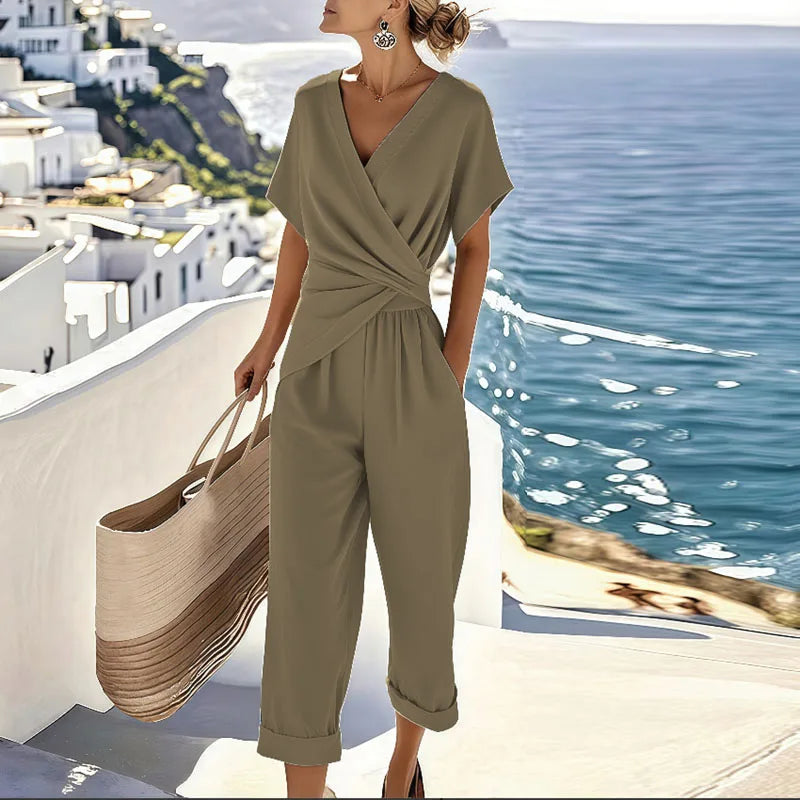 Wrap Jumpsuit Set with V-Neck and Short Sleeves for Women