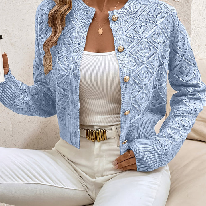 Women's Cropped Cardigan Long Sleeve Button-Front Textured Pointelle Knit Casual