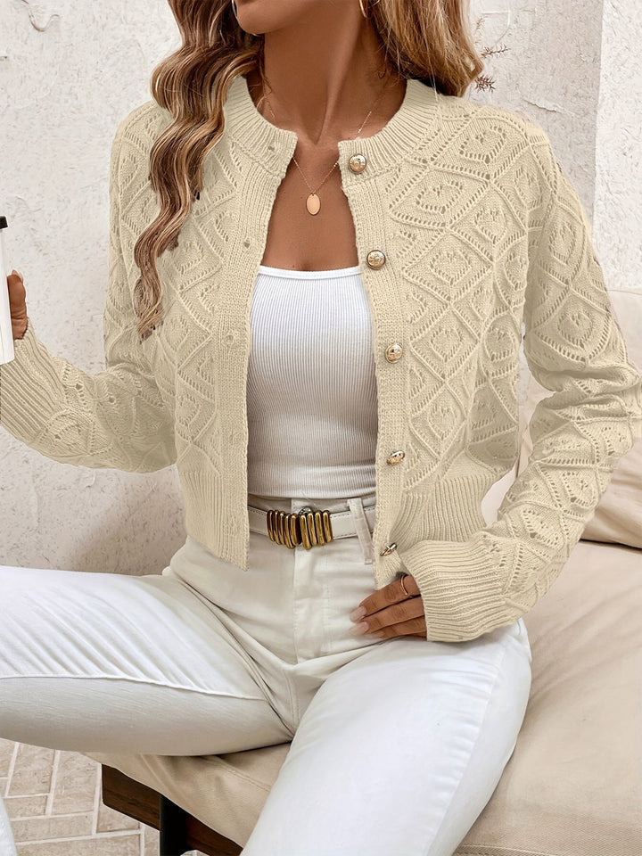 Women's Cropped Cardigan Long Sleeve Button-Front Textured Pointelle Knit Casual