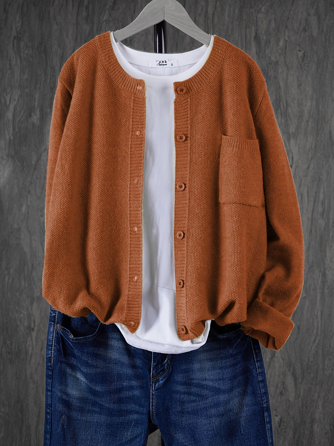 Women's Open Front Cardigan Button-Up Round Neck Long Sleeve Chest Pocket Knit