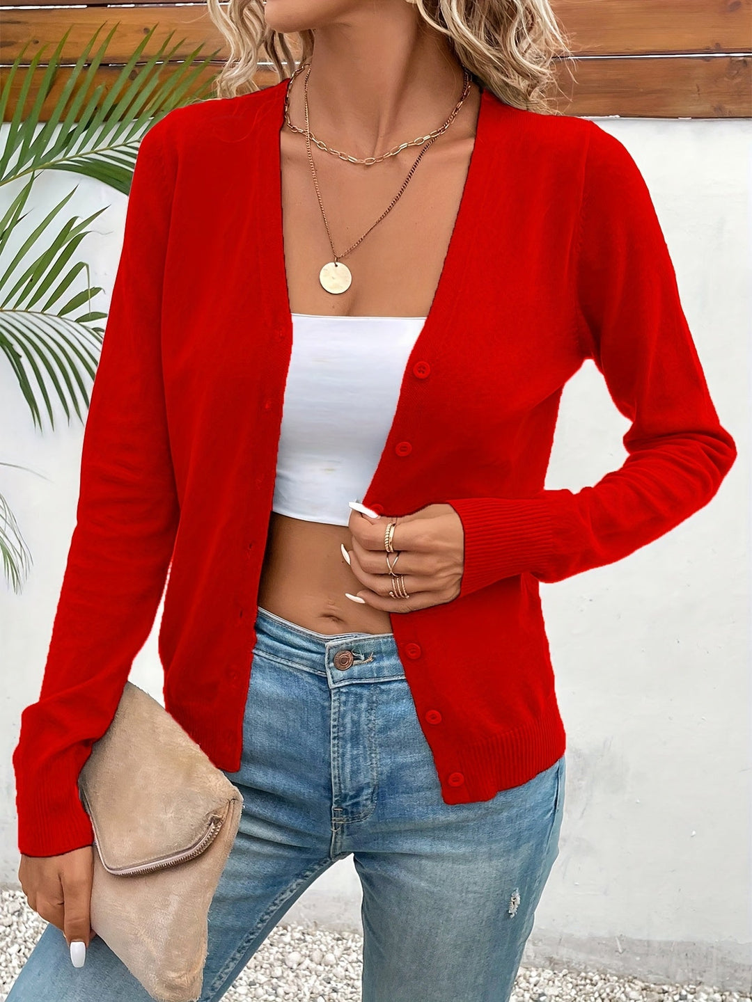 Women's Button-Up Cardigan V-Neck Long Sleeve Ribbed Knit Casual Sweater