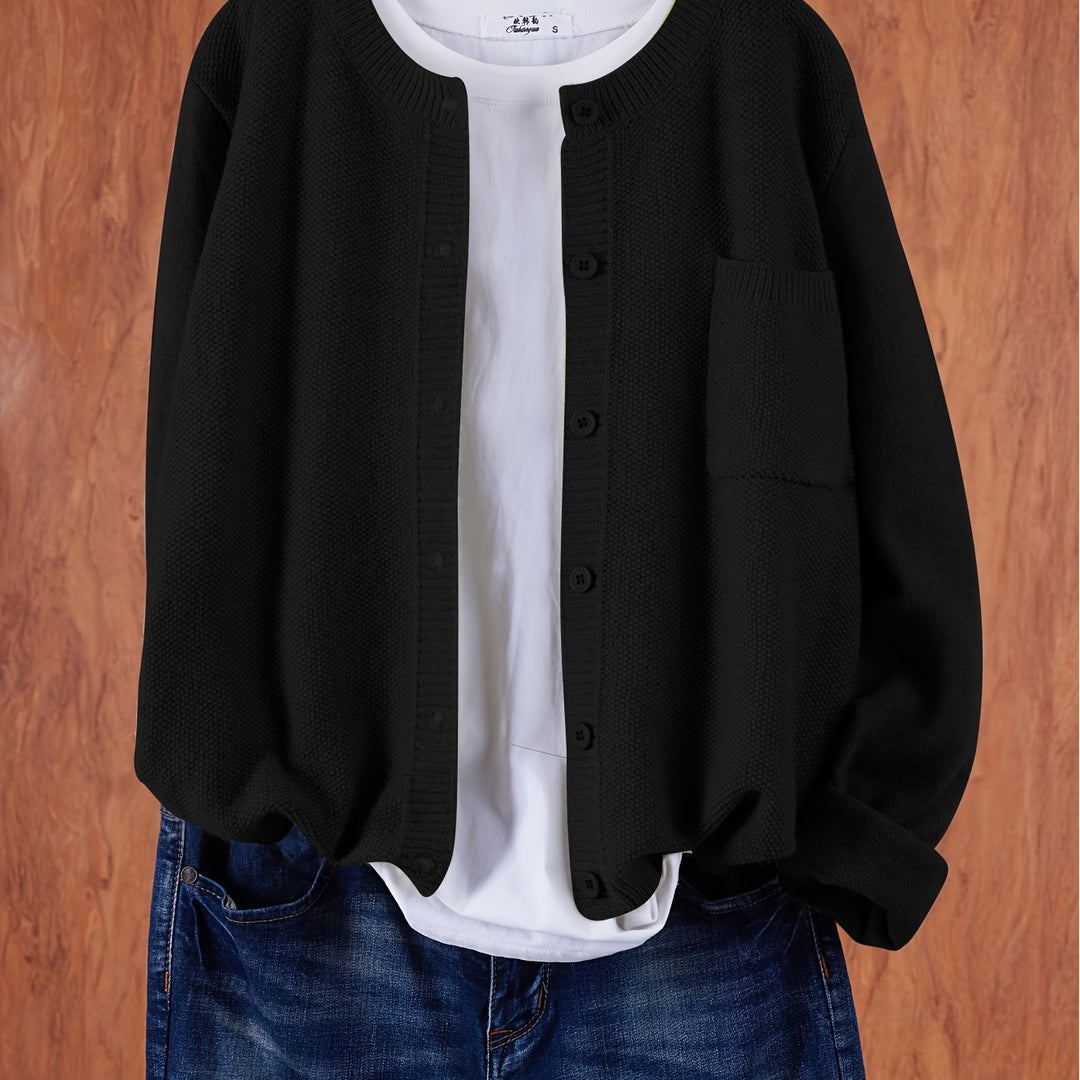 Women's Open Front Cardigan Button-Up Round Neck Long Sleeve Chest Pocket Knit