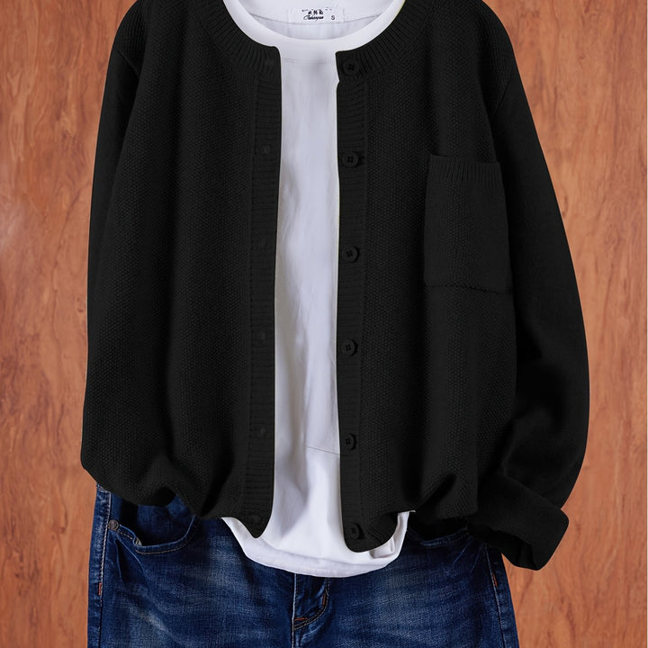 Women's Open Front Cardigan Button-Up Round Neck Long Sleeve Chest Pocket Knit