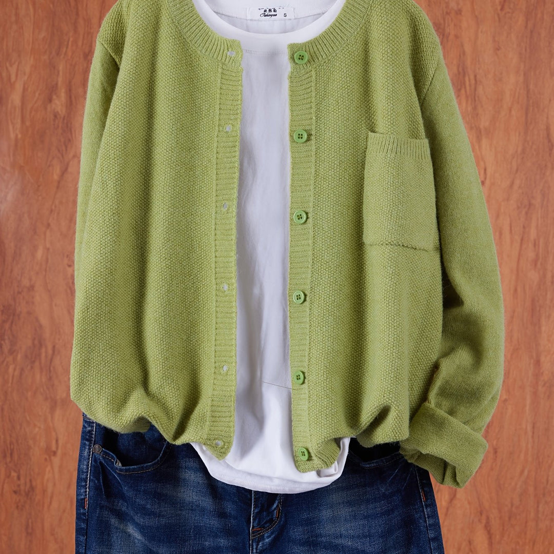 Women's Open Front Cardigan Button-Up Round Neck Long Sleeve Chest Pocket Knit