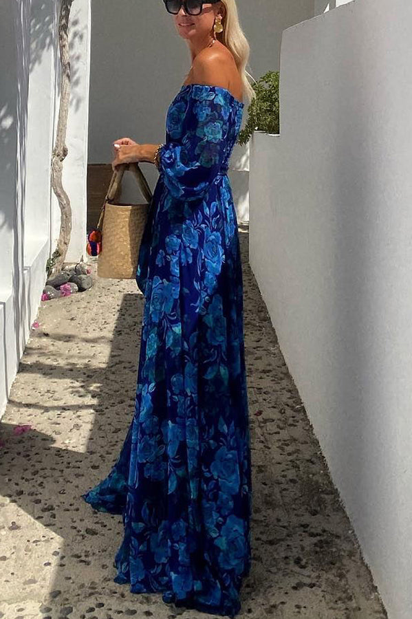 Francesca - Long dress with floral pattern and off-the-shoulder sleeves