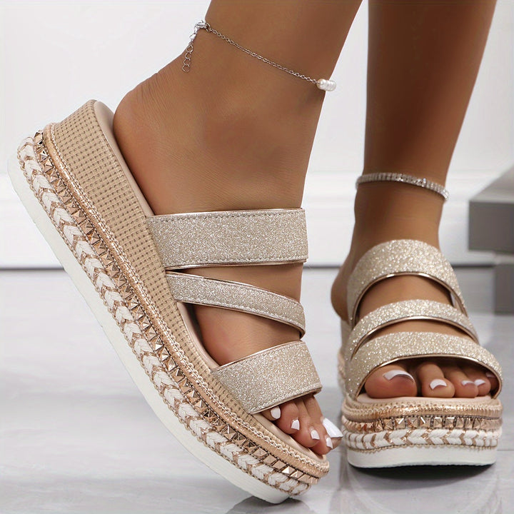 Glitter Multi Strap Velcro Studded Platform Wedge Sandal