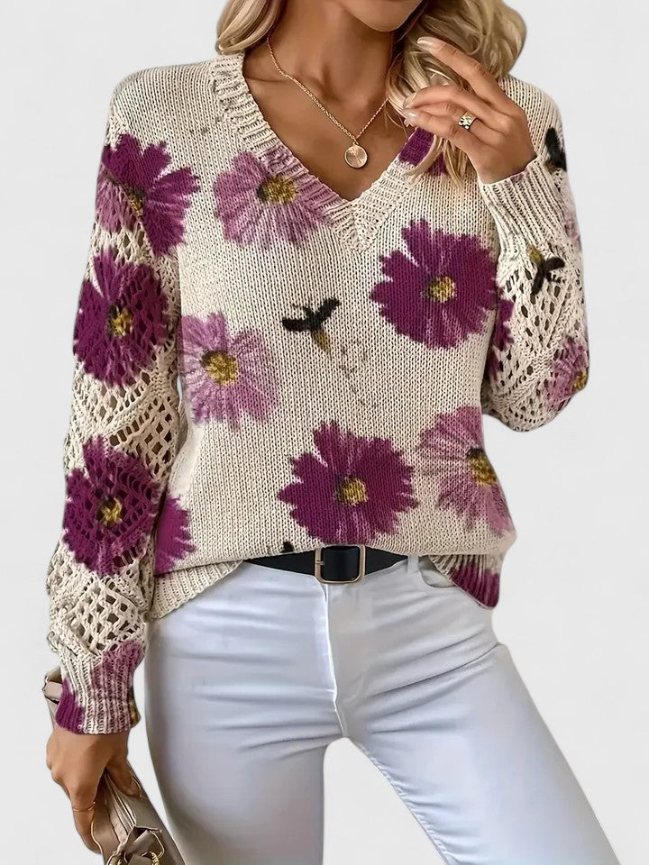 Women's V-Neck Floral Sweater – Long Sleeve Crochet Knit Pullover