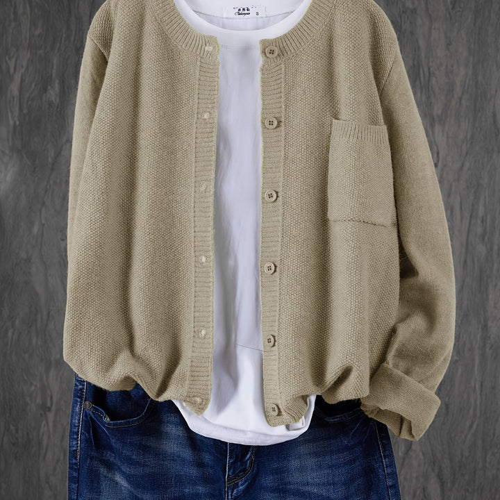 Women's Open Front Cardigan Button-Up Round Neck Long Sleeve Chest Pocket Knit