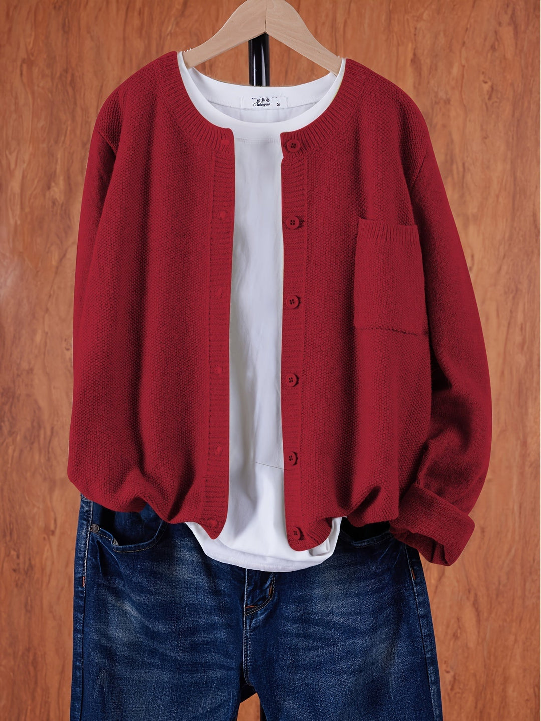 Women's Open Front Cardigan Button-Up Round Neck Long Sleeve Chest Pocket Knit
