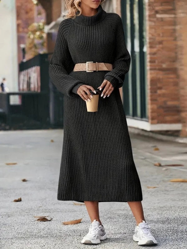 Delilah | Women's Ribbed Knit Turtleneck Maxi Sweater Dress