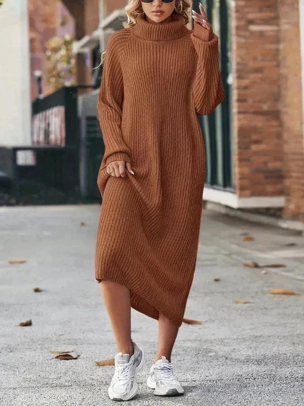 Delilah | Women's Ribbed Knit Turtleneck Maxi Sweater Dress