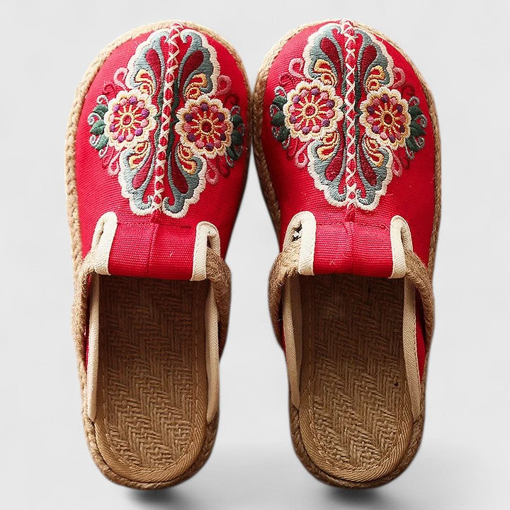 Floral Embroidered Slip On Jute Trim Flat Espadrille