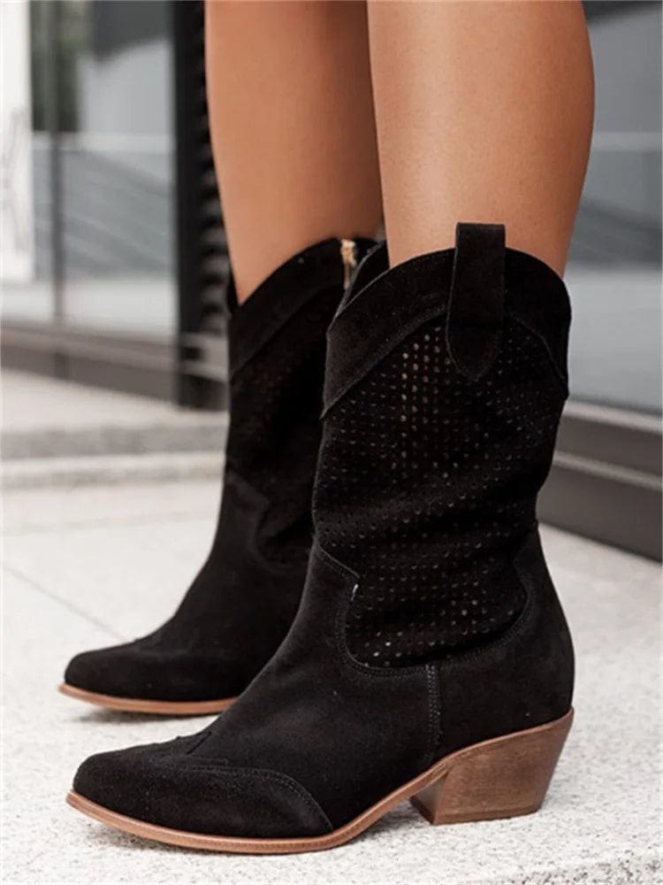 Women's Cowboy Boots Perforated Block Heel Casual Footwear
