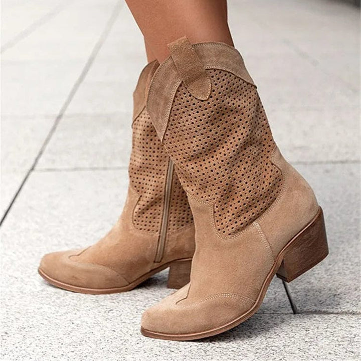 Women's Cowboy Boots Perforated Block Heel Casual Footwear