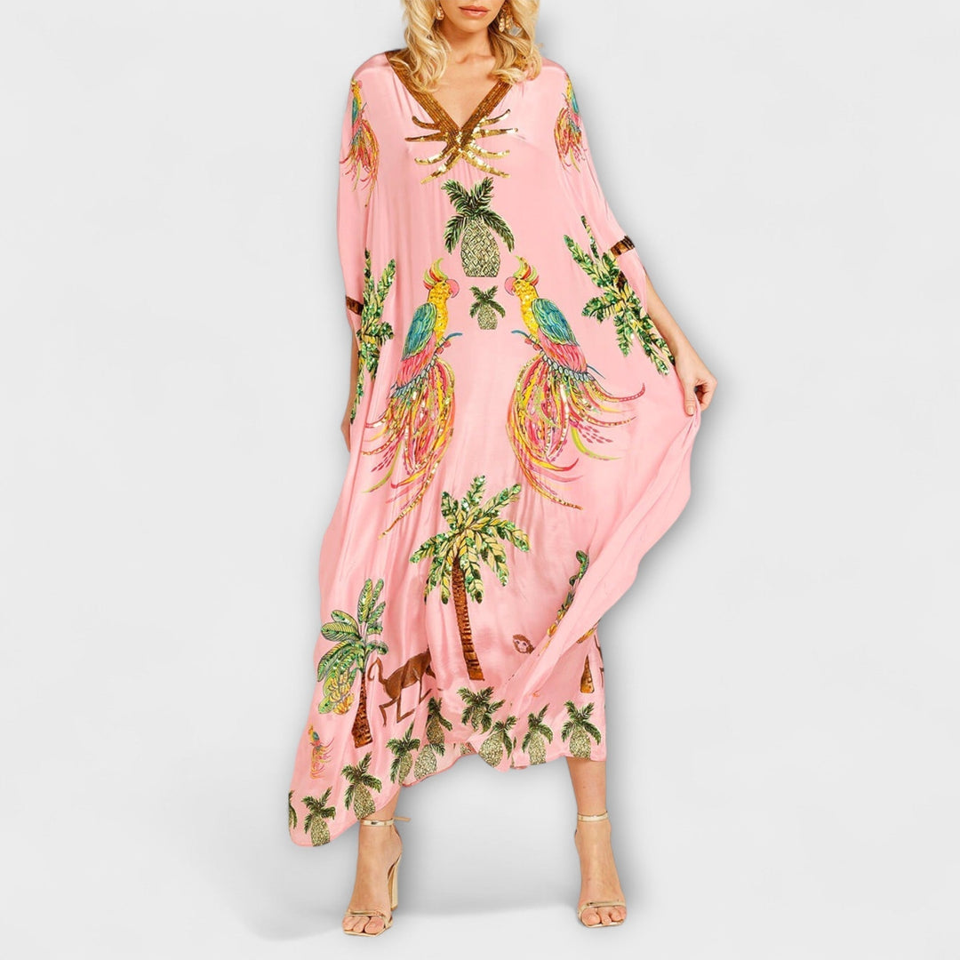Linda - Eye-catching Dress with Asymmetrical Shoulders and Coconut Tree Print