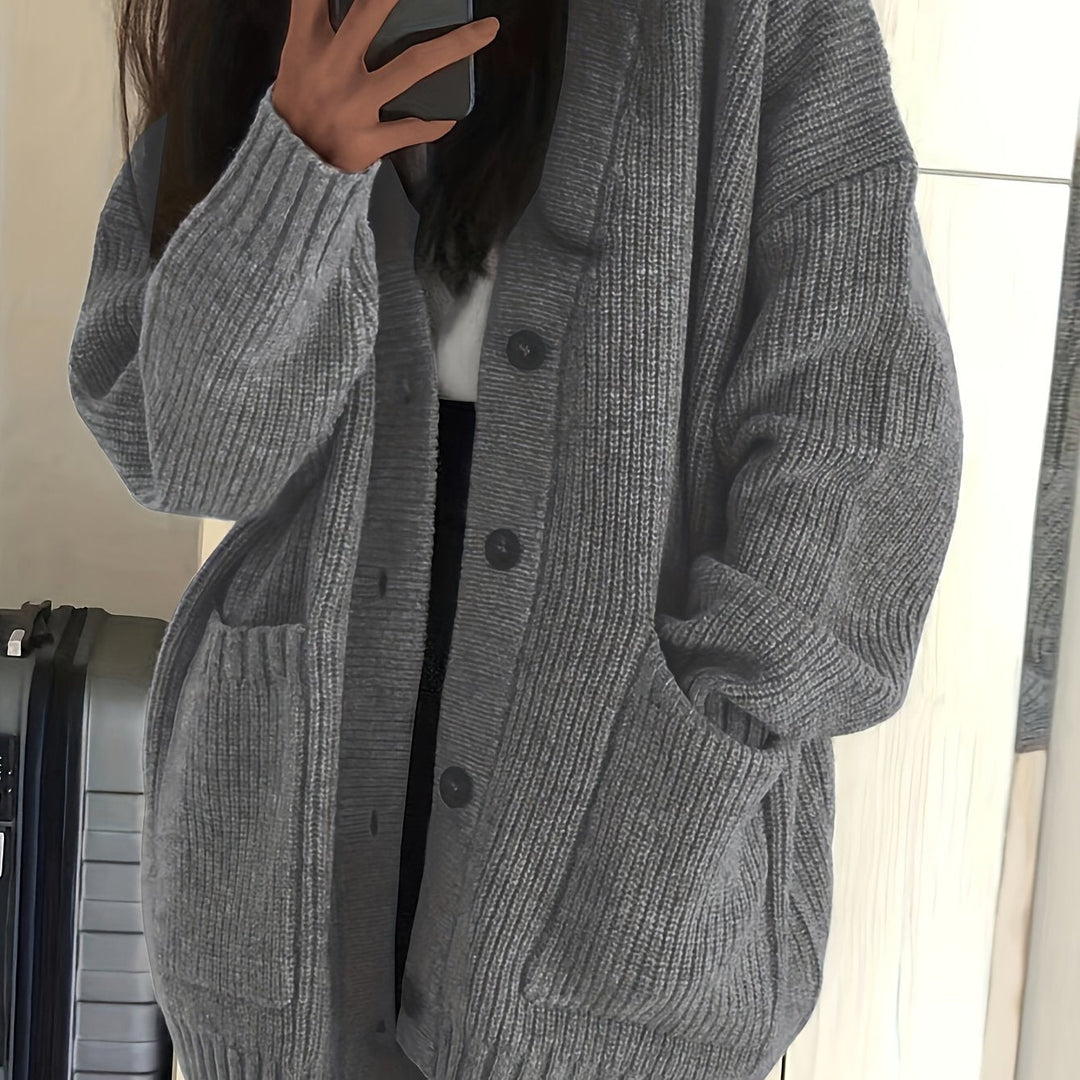 Women's Oversized Button-Front Cardigan V-Neck Long Sleeve Knit Pocket Sweater