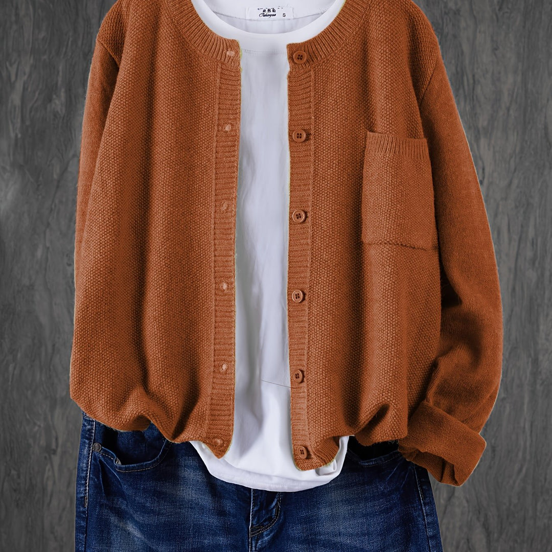 Women's Open Front Cardigan Button-Up Round Neck Long Sleeve Chest Pocket Knit
