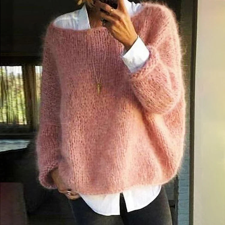 Women's Fluffy Oversized Knit Sweater – Relaxed Crew Neck Pullover
