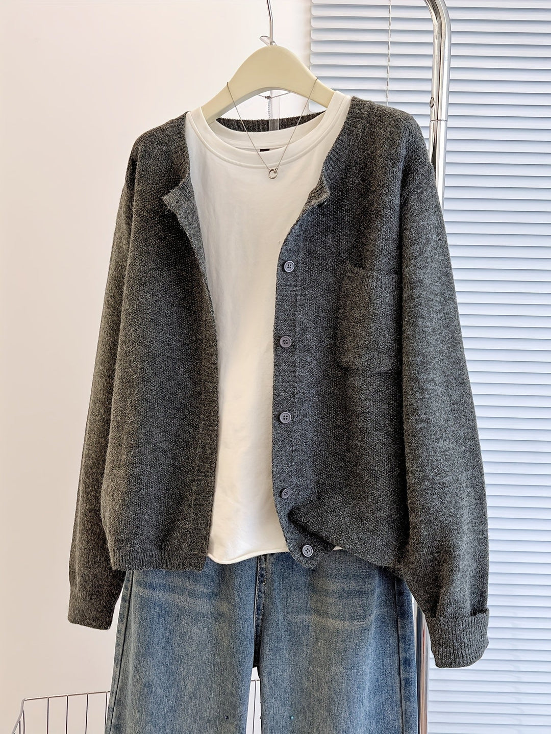 Women's Open Front Cardigan Button-Up Round Neck Long Sleeve Chest Pocket Knit