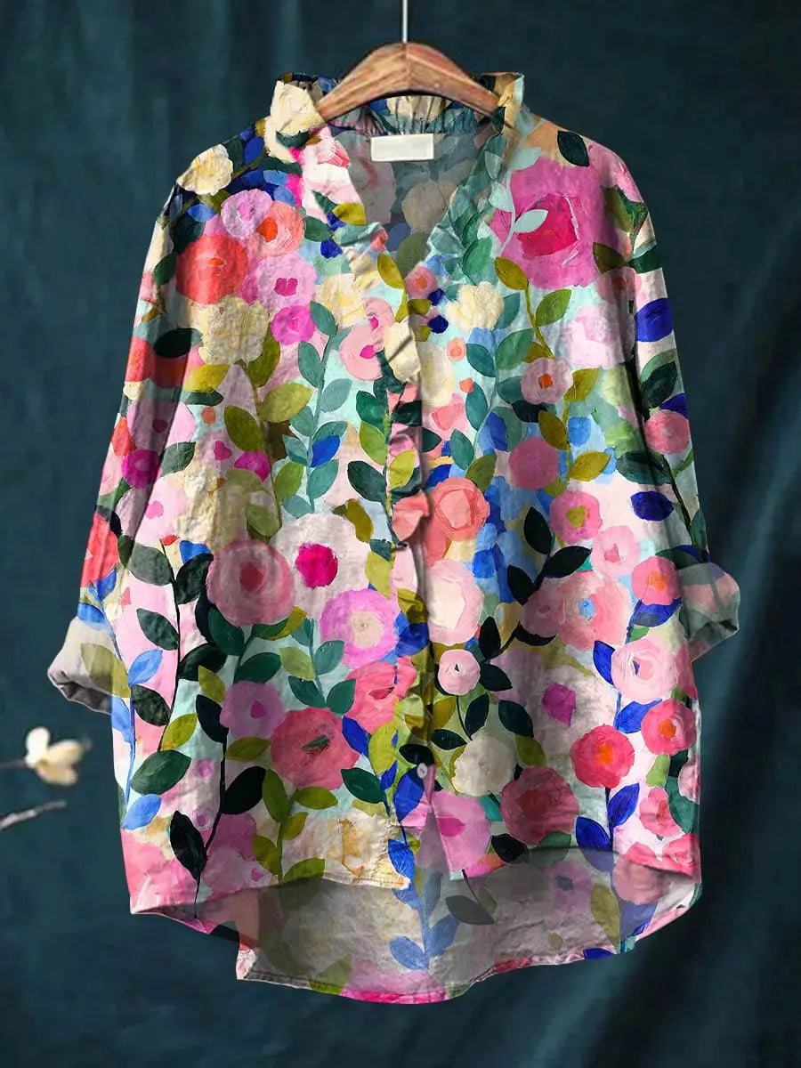 Olive | Floral Linen Button-Down Blouse for Women