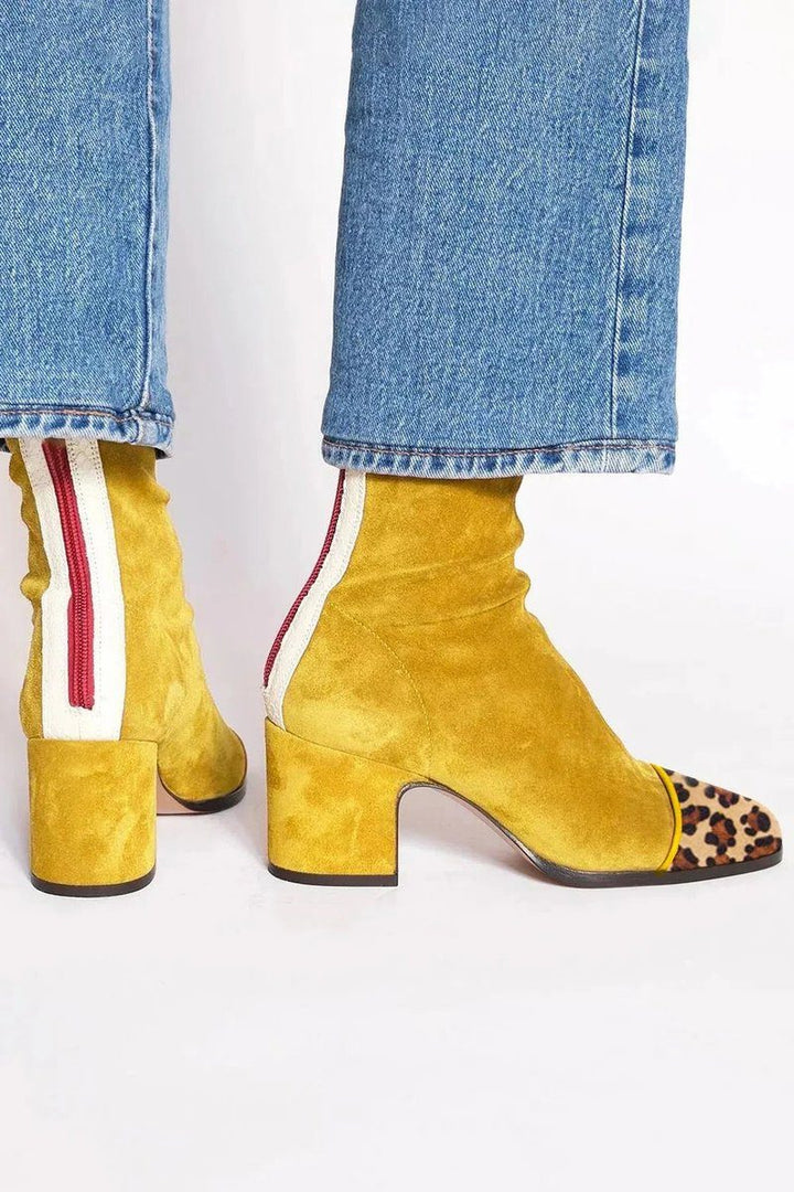 Esmeralda | Suede Block Heel Ankle Boots with Leopard Toe for Women