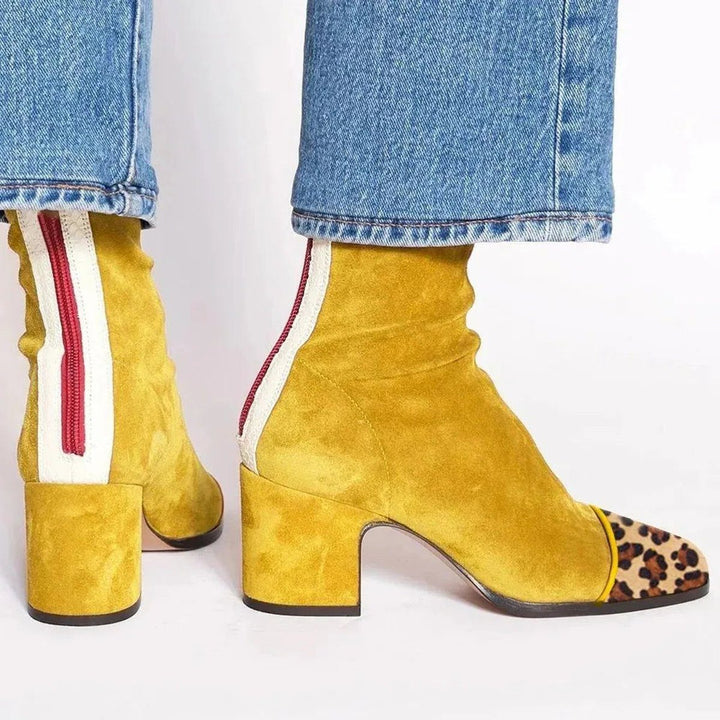 Esmeralda | Suede Block Heel Ankle Boots with Leopard Toe for Women