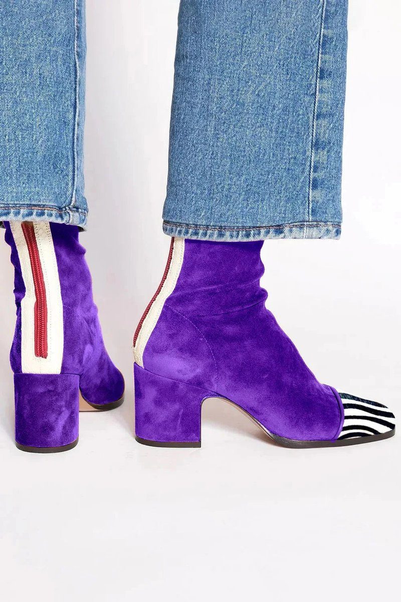 Esmeralda | Suede Block Heel Ankle Boots with Leopard Toe for Women