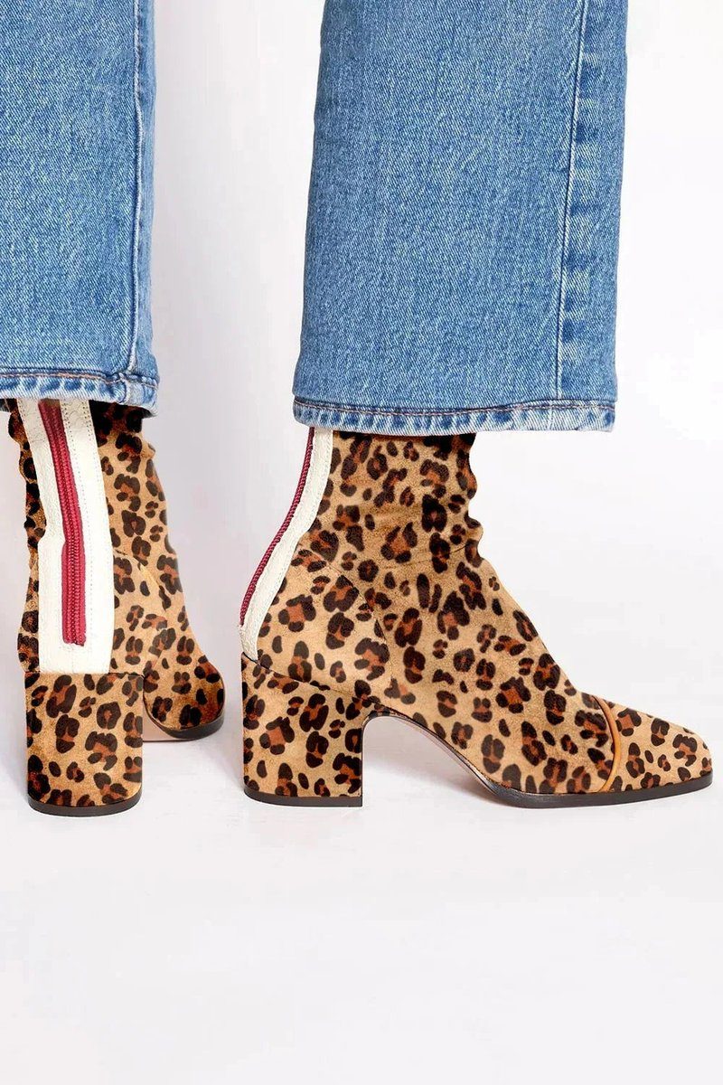 Esmeralda | Suede Block Heel Ankle Boots with Leopard Toe for Women