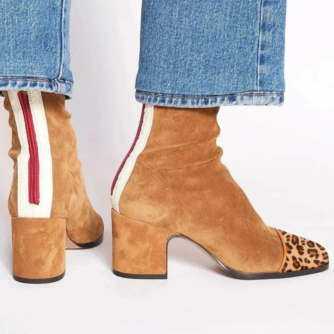 Esmeralda | Suede Block Heel Ankle Boots with Leopard Toe for Women