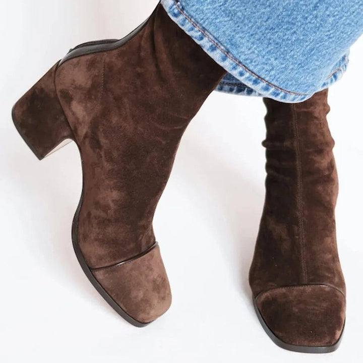 Esmeralda | Suede Block Heel Ankle Boots with Leopard Toe for Women