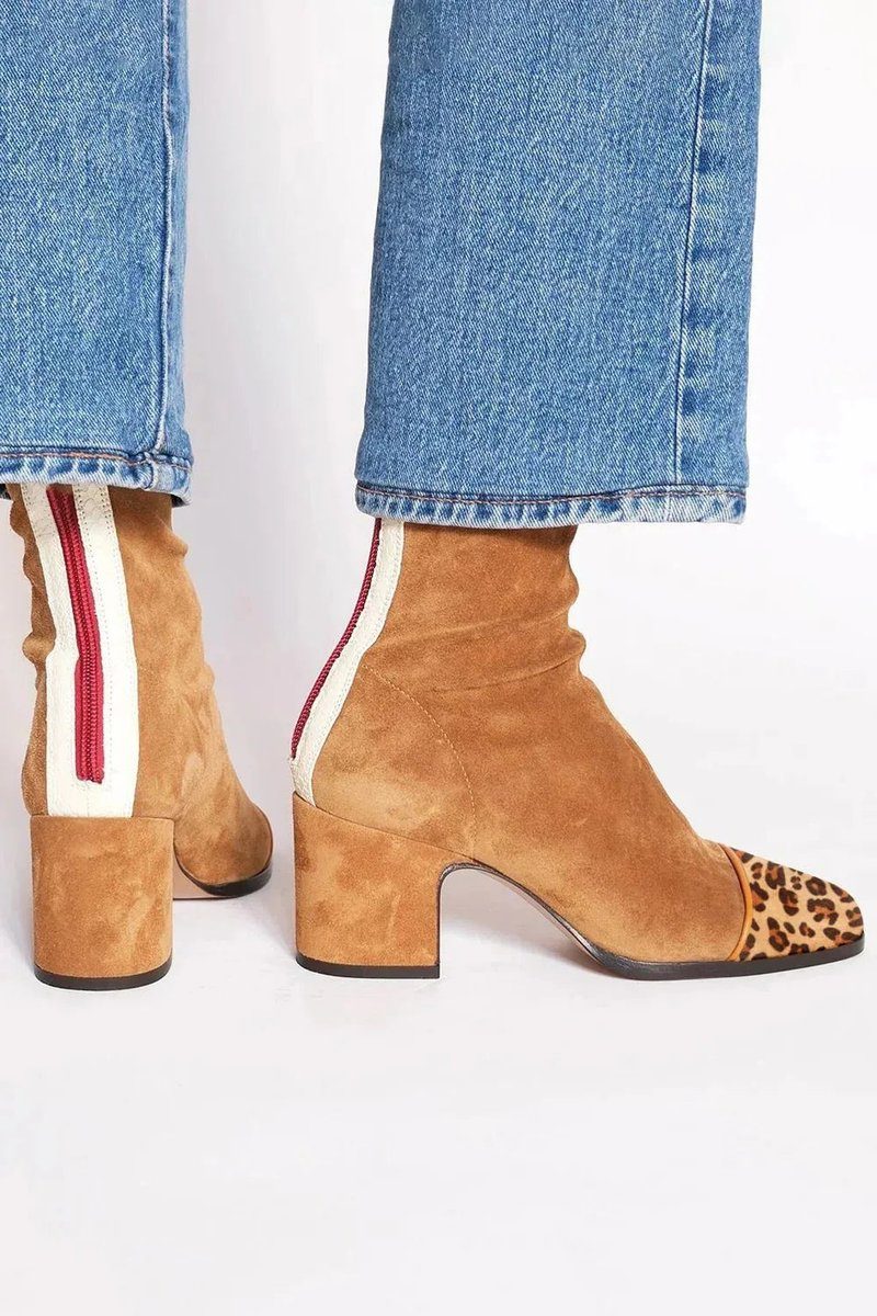 Esmeralda | Suede Block Heel Ankle Boots with Leopard Toe for Women