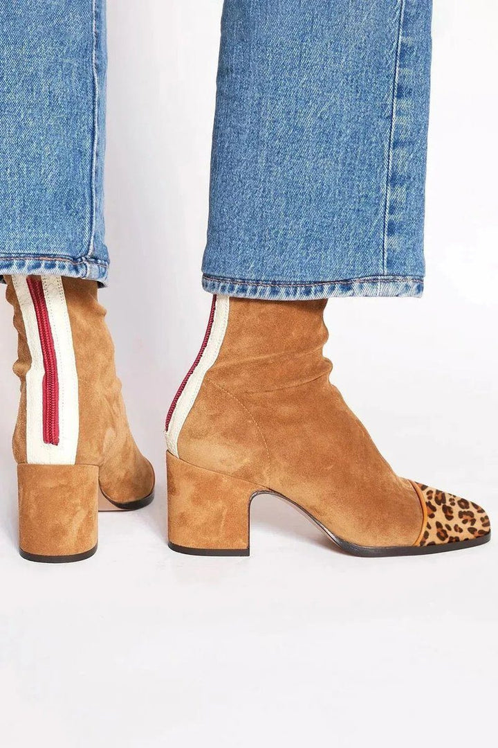 Esmeralda | Suede Block Heel Ankle Boots with Leopard Toe for Women