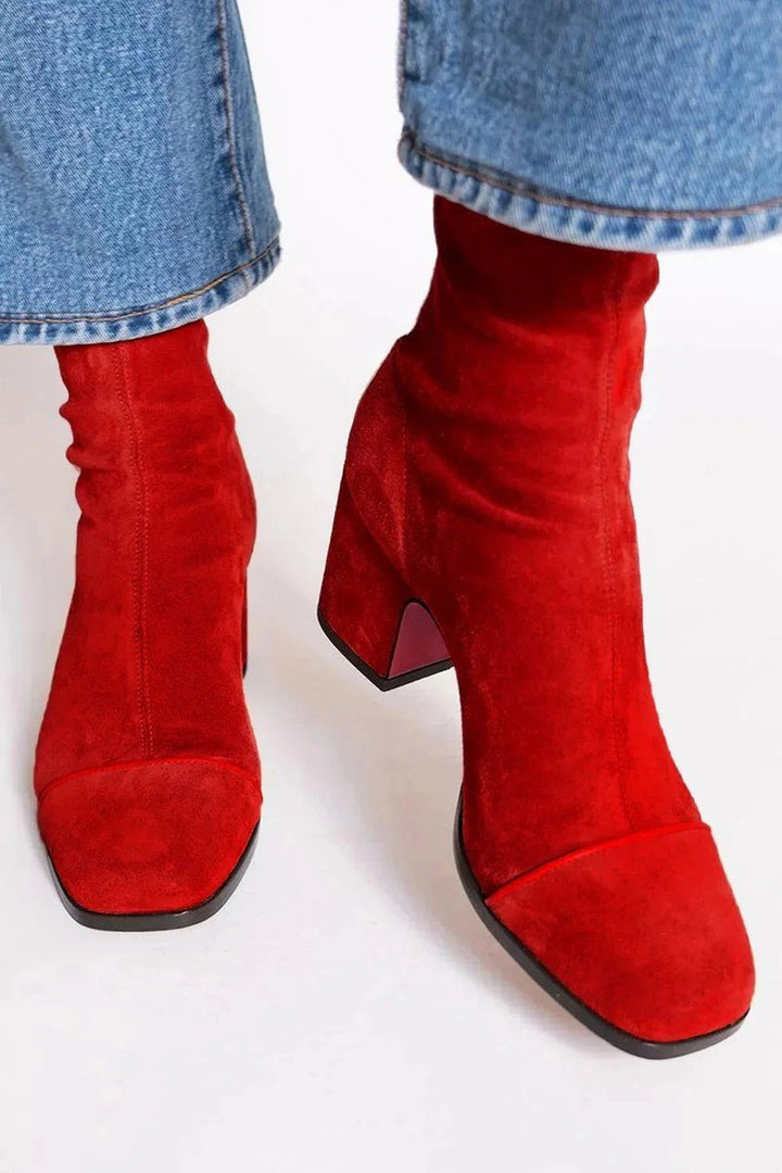 Esmeralda | Suede Block Heel Ankle Boots with Leopard Toe for Women