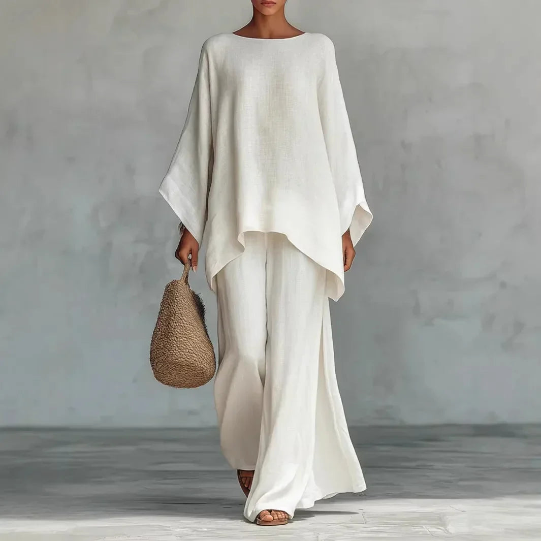 Evangeline | Linen Asymmetric Wide Leg Set for Women