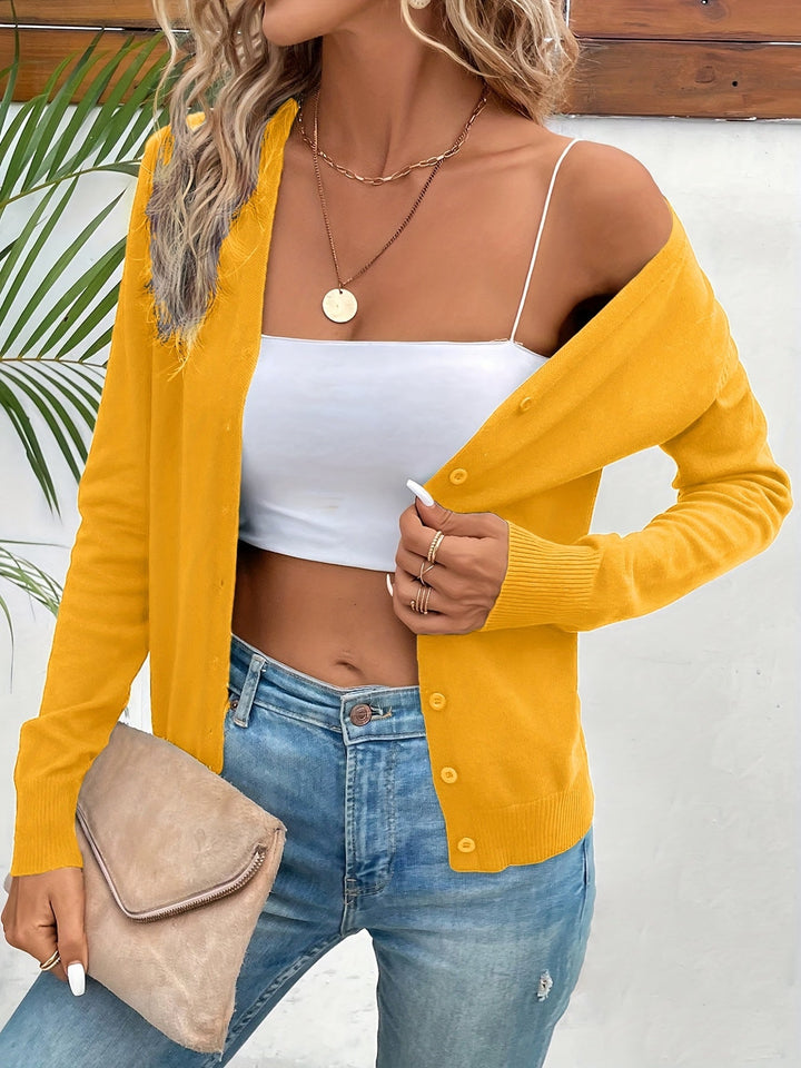Women's Button-Up Cardigan V-Neck Long Sleeve Ribbed Knit Casual Sweater