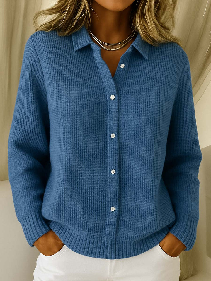 Elise | Women's Waffle Knit Button-Up Collar Cardigan, Long Sleeve Shirt Style