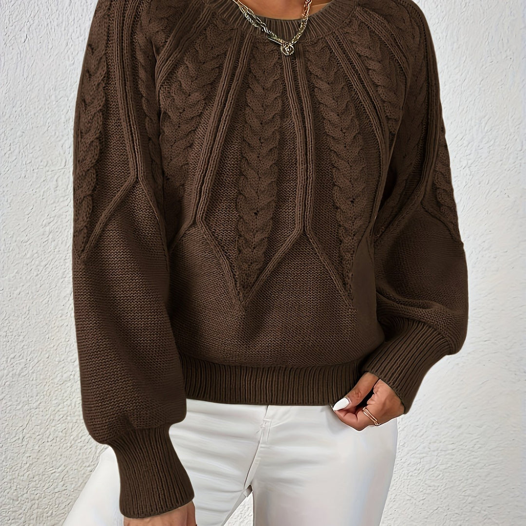 Women's Cable-Knit Sweater Round Neck Long Sleeve Ribbed Cuff Casual Pullover