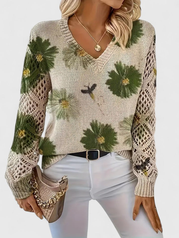 Women's V-Neck Floral Sweater – Long Sleeve Crochet Knit Pullover