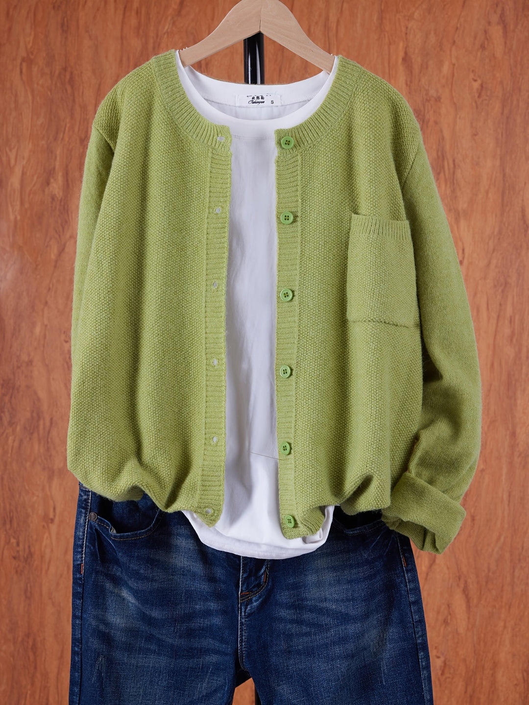 Women's Open Front Cardigan Button-Up Round Neck Long Sleeve Chest Pocket Knit