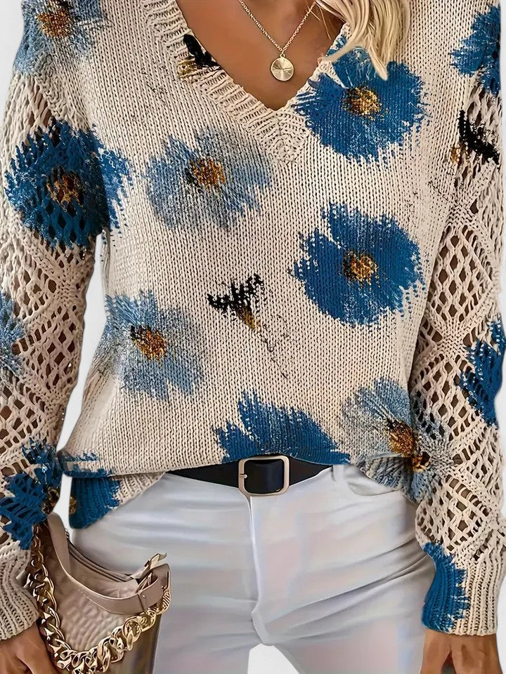 Women's V-Neck Floral Sweater – Long Sleeve Crochet Knit Pullover