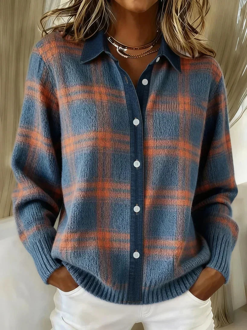 Women's Plaid Knit Shirt Jacket Button-Up Collared Long Sleeve Casual Cardigan