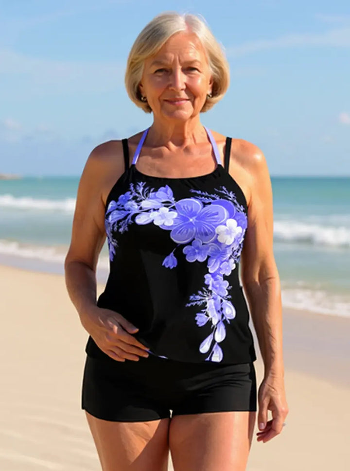 ELLA | FLORAL PRINT CROSS STRAP HALTER TANKINI SET
