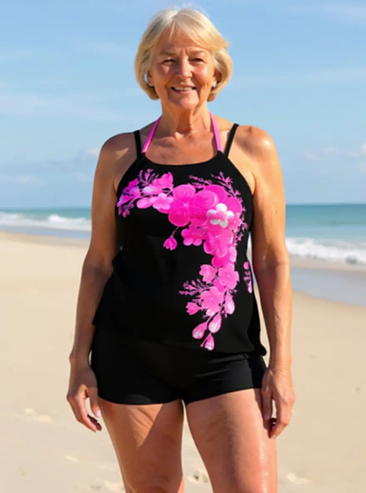 ELLA | FLORAL PRINT CROSS STRAP HALTER TANKINI SET